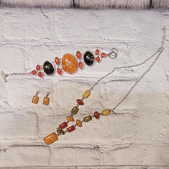 Other Jewelry - Boho Orange and Black Amber Silver Jewelry Set #fairycore